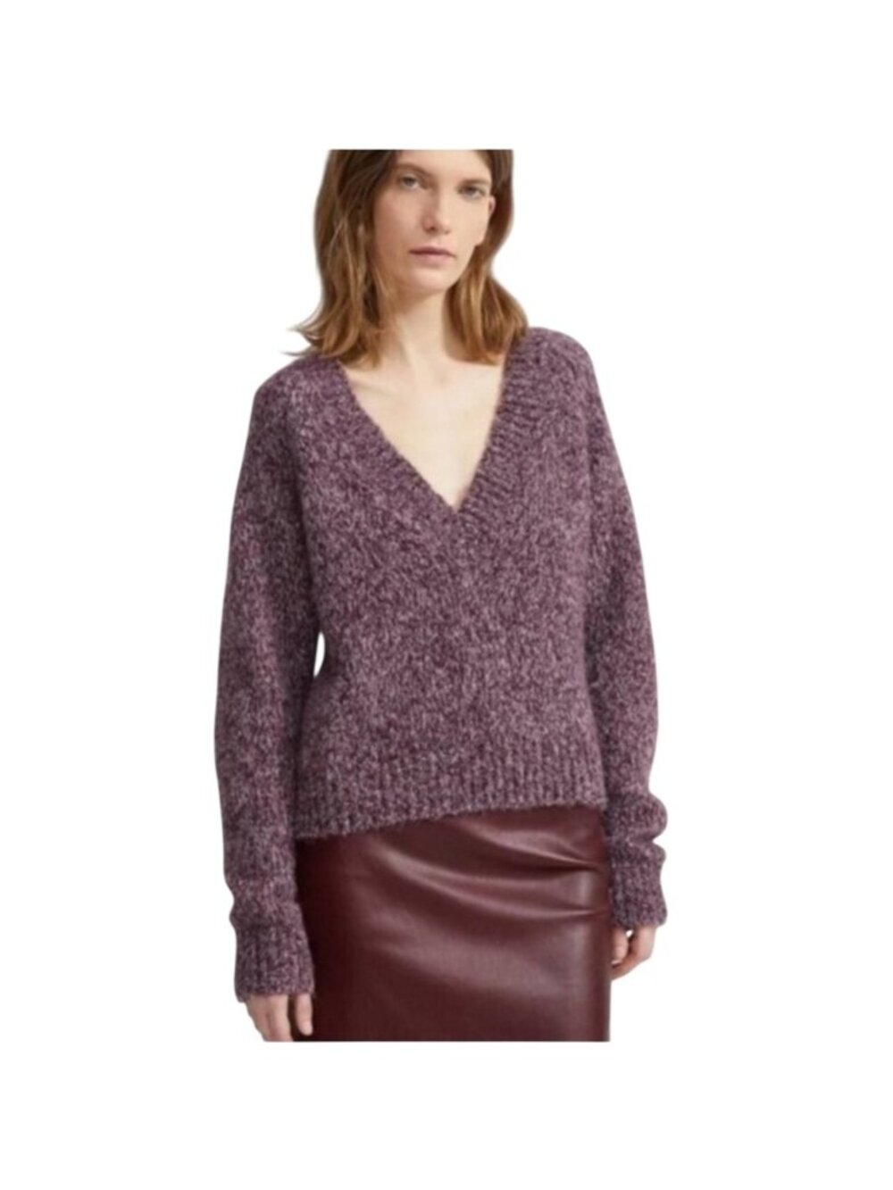 Theory Marled V-Neck Baby Alpaca-Blend Sweater Mulberry/Thistle Size P US XS